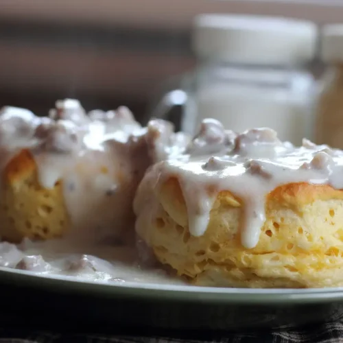 2 buttermilk biscuits covered in rich sausage gravy