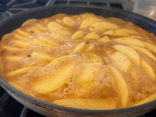 Skillet Apple Cake with Bourbon Vanilla Caramel Sauce